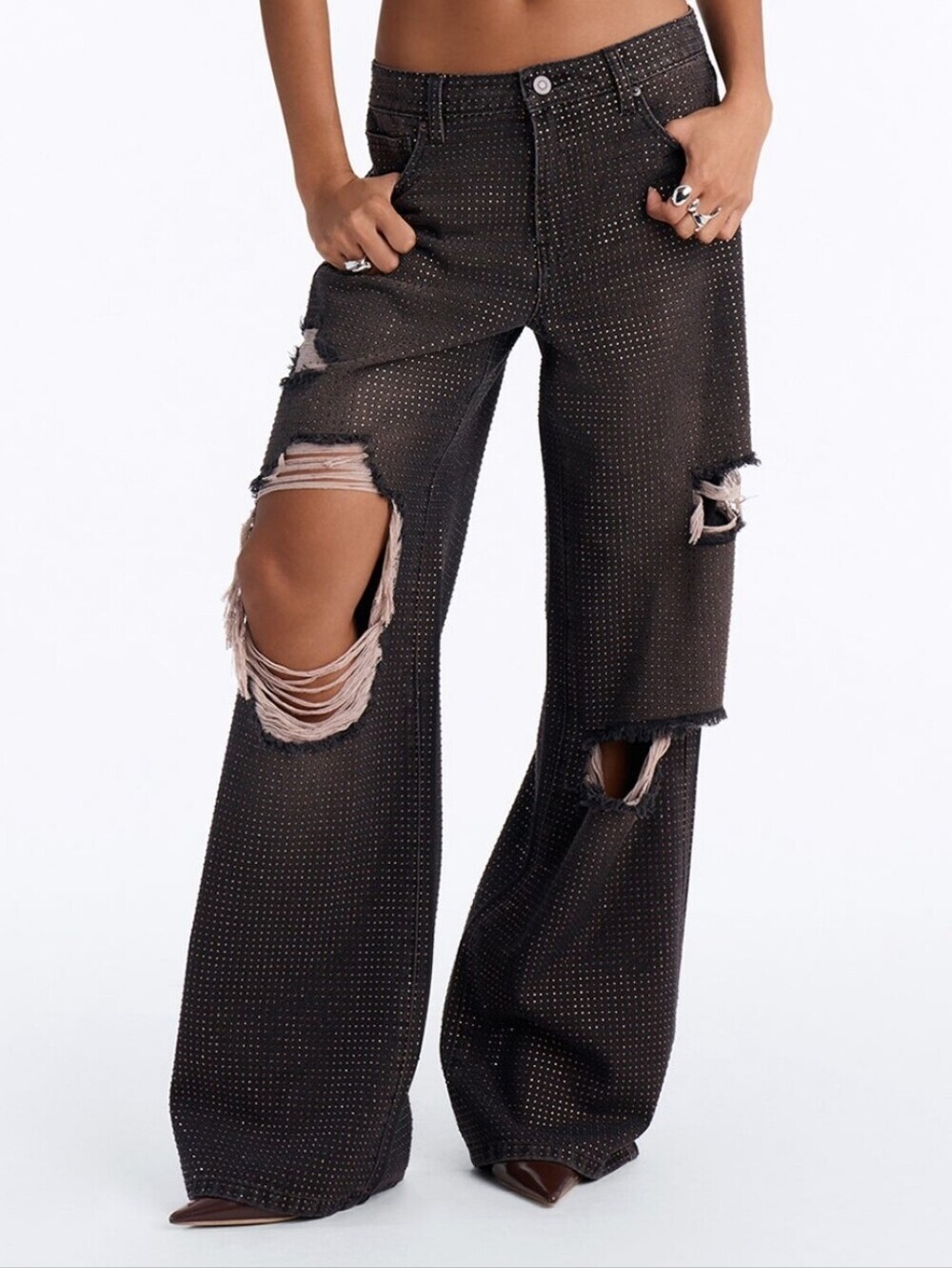 Show Off Rhinestone Embellished Ripped Wide Leg Jeans - Brown - Picture 2 of 5